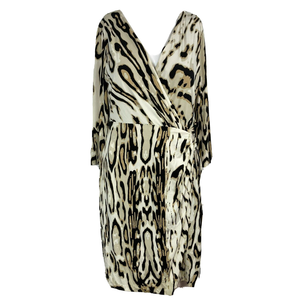 Tahari Dress Womens Sz 8 Beige Black Wrap Leopard Print Long Sleeve Stretch Knit